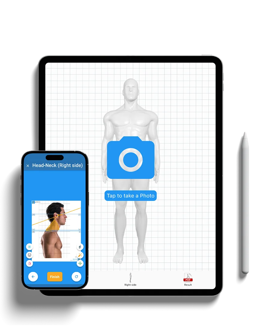 APECS interface on phone showing Head-Neck analysis, and tablet showing Quick Analysis starting screen